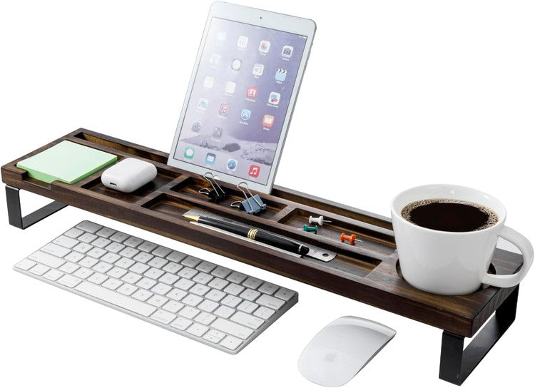 Desktop Storage Organizer, Burnt Wood Over Keyboard Office Desk Flow Tray  with Black Metal Legs and Mug Holder