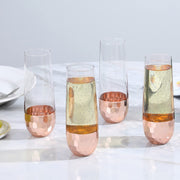 Set of 4, Stemless Champagne Flute Party Glasses with Hammered Style Copper Plated Bottoms-MyGift