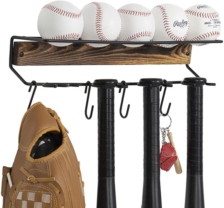 Burnt Wood, Black Metal Baseball Softball Equipment Rack, Bats and Balls  Storage Holder, Hooks for Caps, Mitts, Gloves