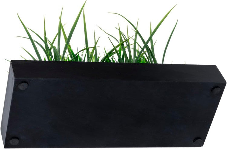 Artificial Green Grass Plants in Matte Black Wood Decorative Planter, Tabletop Rectangular Plant Pot-MyGift