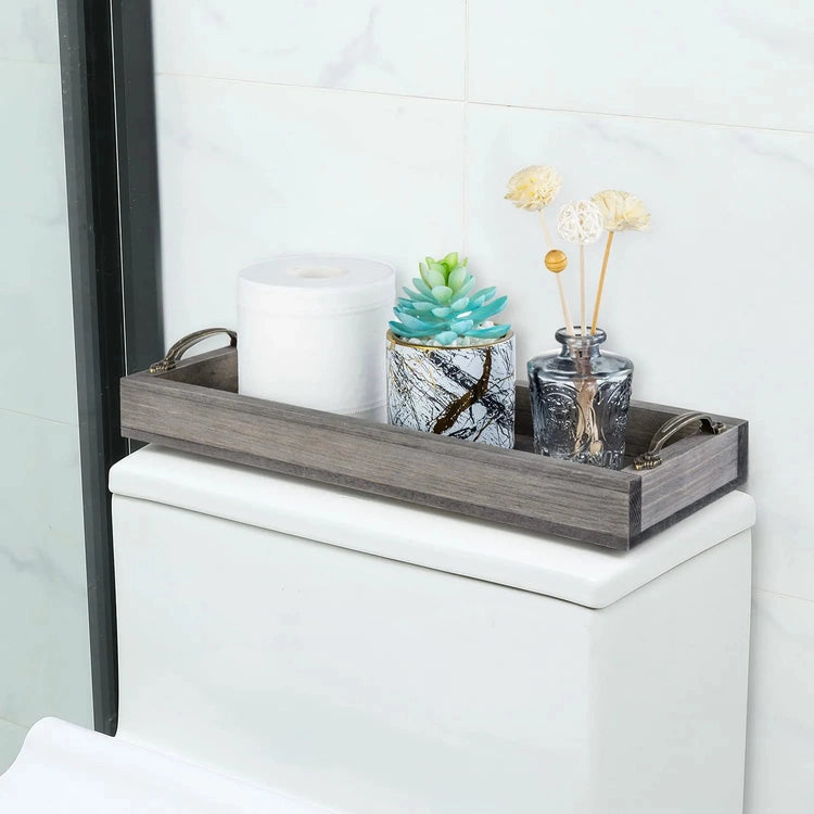 16 Inch Gray Wood Toilet Tank Tray Organizer, Bathroom Vanity Rectangu –  MyGift