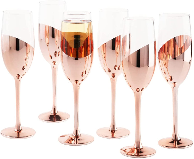 Set of 6, Stemmed Champagne Flute Glasses in Rose Gold-Tone Finish-MyGift