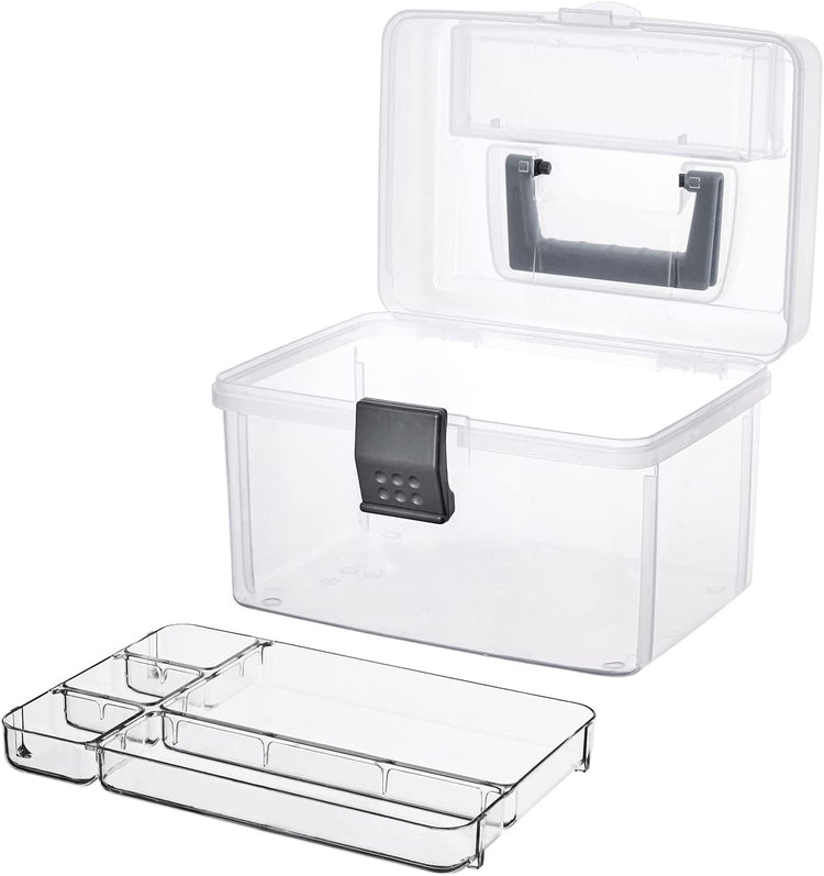 Clear Craft and Sewing Supplies Bin with Detachable Tray and Top Lid Flap, Arts & Crafts Container Organizer Box-MyGift