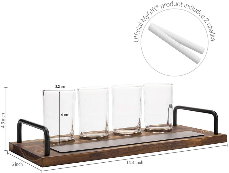 4 Glass Beer Flight Serving Tray with Whitewashed Wood Board and Black  Metal Handles, Chalkboard Label, Sampling Glasses