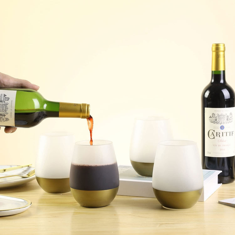 Stemless Wine Glasses with Frosted Glass and Brass Bottom Accent, Set –  MyGift