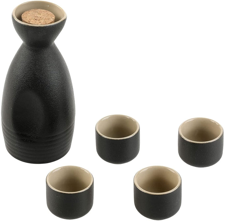 5 Piece Japanese Style Matte Black and Tan Ceramic Sake Set, Includes Carafe and 4 Glasses-MyGift