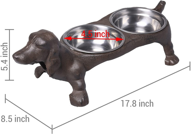 Rustic Cast Iron Dachshund Hot Dog Design Small Pet Feeder with 2