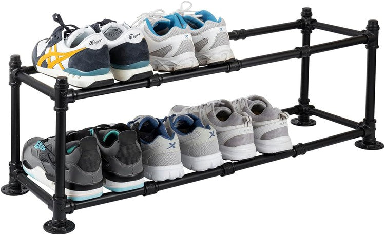 Tiered Matte Black Metal Pipe Freestanding Expanding Shoe Rack, Customizable Footwear Storage Organizer, Holds 8 Pairs-MyGift