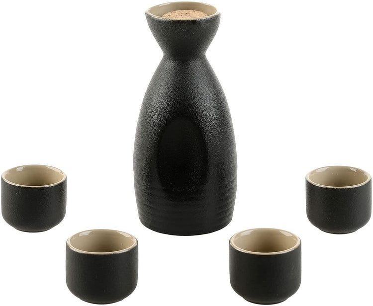 5 Piece Japanese Style Matte Black and Tan Ceramic Sake Set, Includes Carafe and 4 Glasses-MyGift