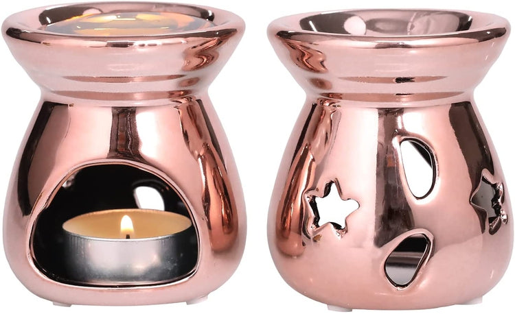 Set of 2, Copper Ceramic Essential Oil Diffuser, Wax Warmer Tealight Candle Holder with Stars and Moon Cutout Design-MyGift