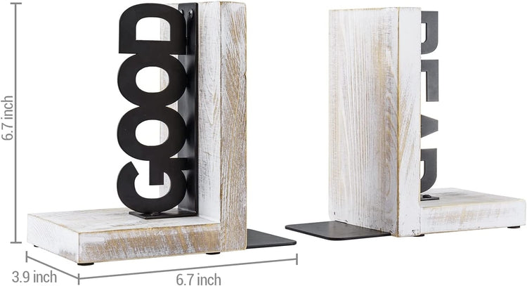 L-Shaped Decorative Bookends, Whitewashed Wood and Matte Black Metal Book Holders with GOOD and READ Block Letter Design-MyGift