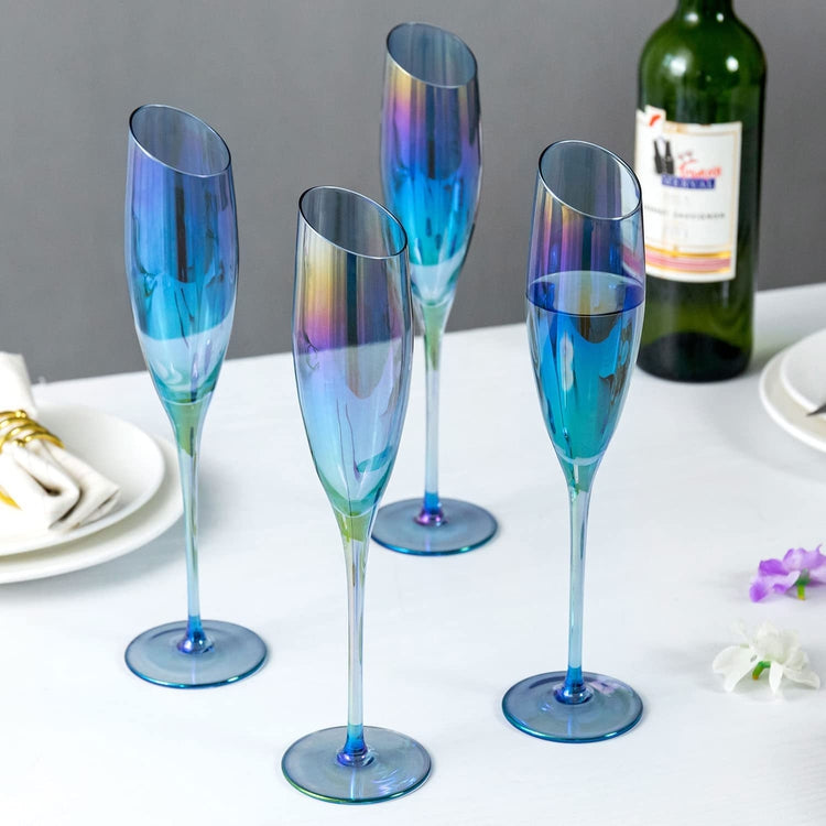 Set of 4, Blue Iridescent Champagne Glasses, Angled Stemmed Flute Glassware-MyGift