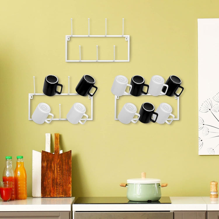 White Metal Coffee Mug Rack Wall Mounted Hanging Storage Coffee Bar  Accessories Rack with 21 Hooks, Set of 3
