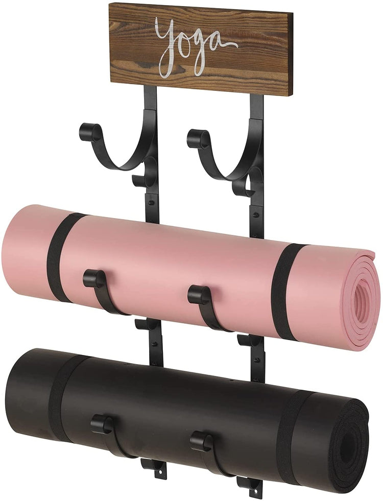 Wall Mounted Black Metal 3-Tier Yoga Mat Rack, Exercise Mat, Foam Roller Holder with Burnt Wood "yoga" Sign-MyGift