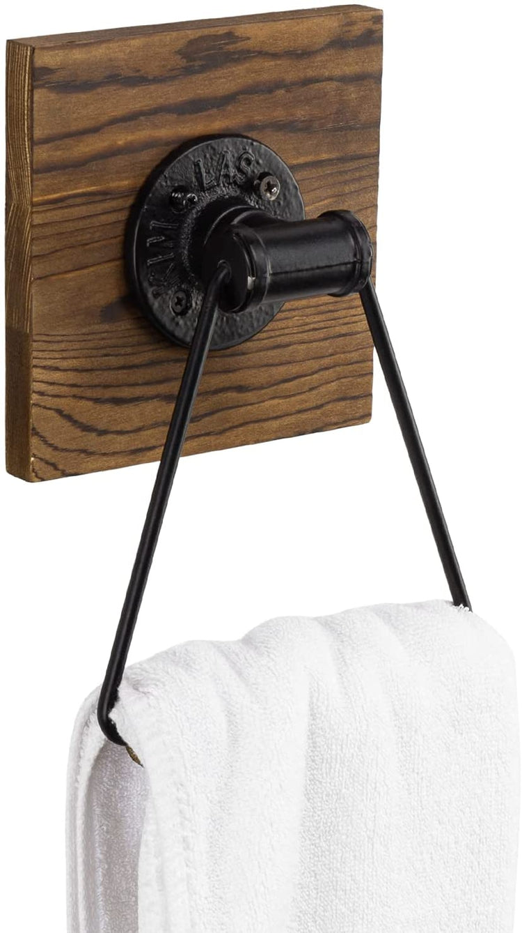 Dark Brown Burnt Wood and Industrial Black Metal Pipe Wall Mounted Towel Ring-MyGift