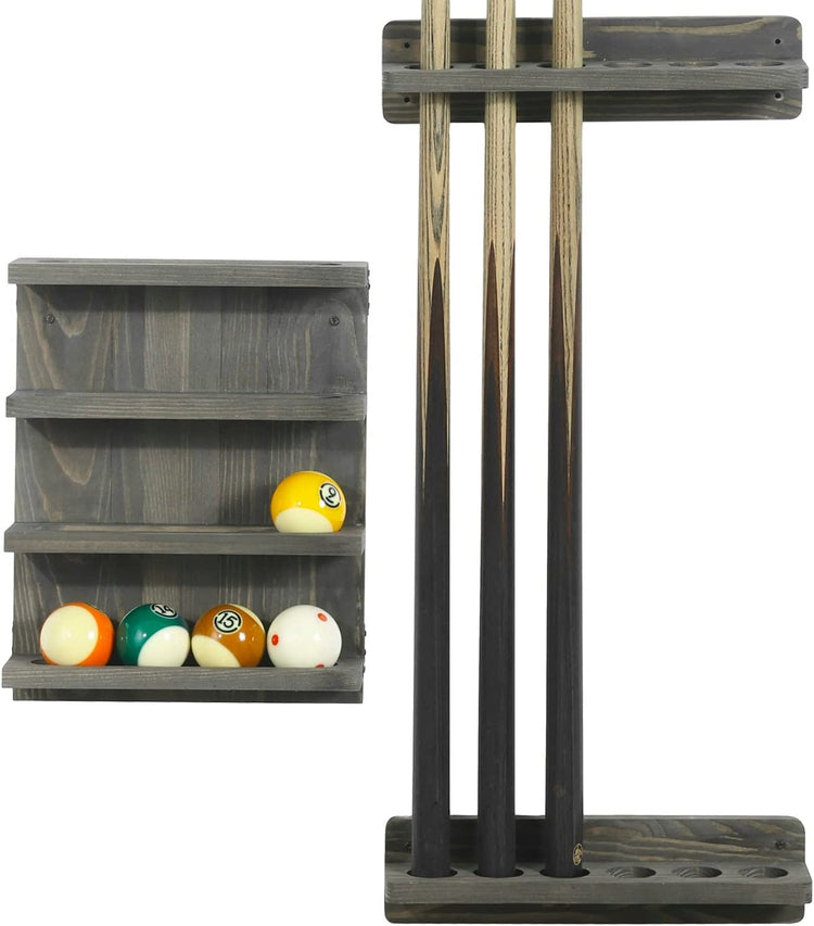 Wall Mounted Weathered Gray Wood Pool Cue Rack, Billiards Accessories Holder and Ball Storage Shelf Set