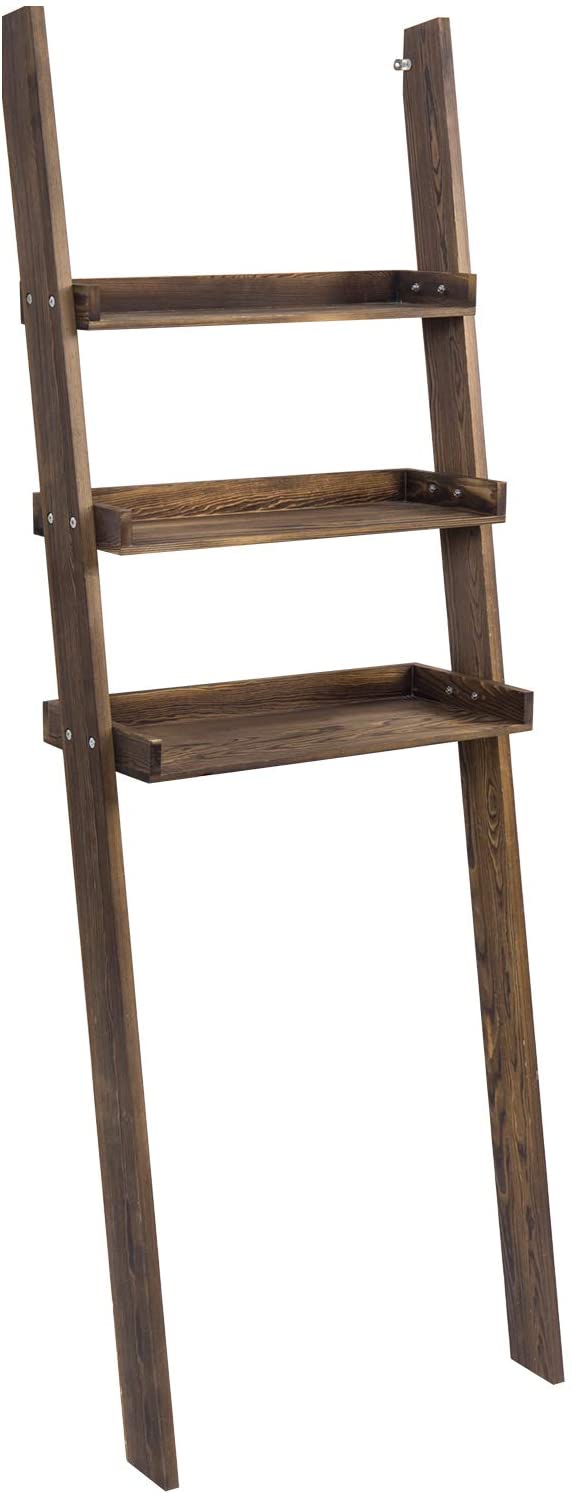 3-Tier Rustic Wood Over-the-Toilet Wall-Leaning Ladder Storage Shelves