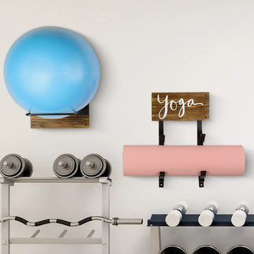 Yoga Mat Holder Wall Mount Yoga Mat Storage Home Gym Accessories with Wood  Floating Shelves and 4 Hooks for Hanging Foam Roller and Resistance Bands
