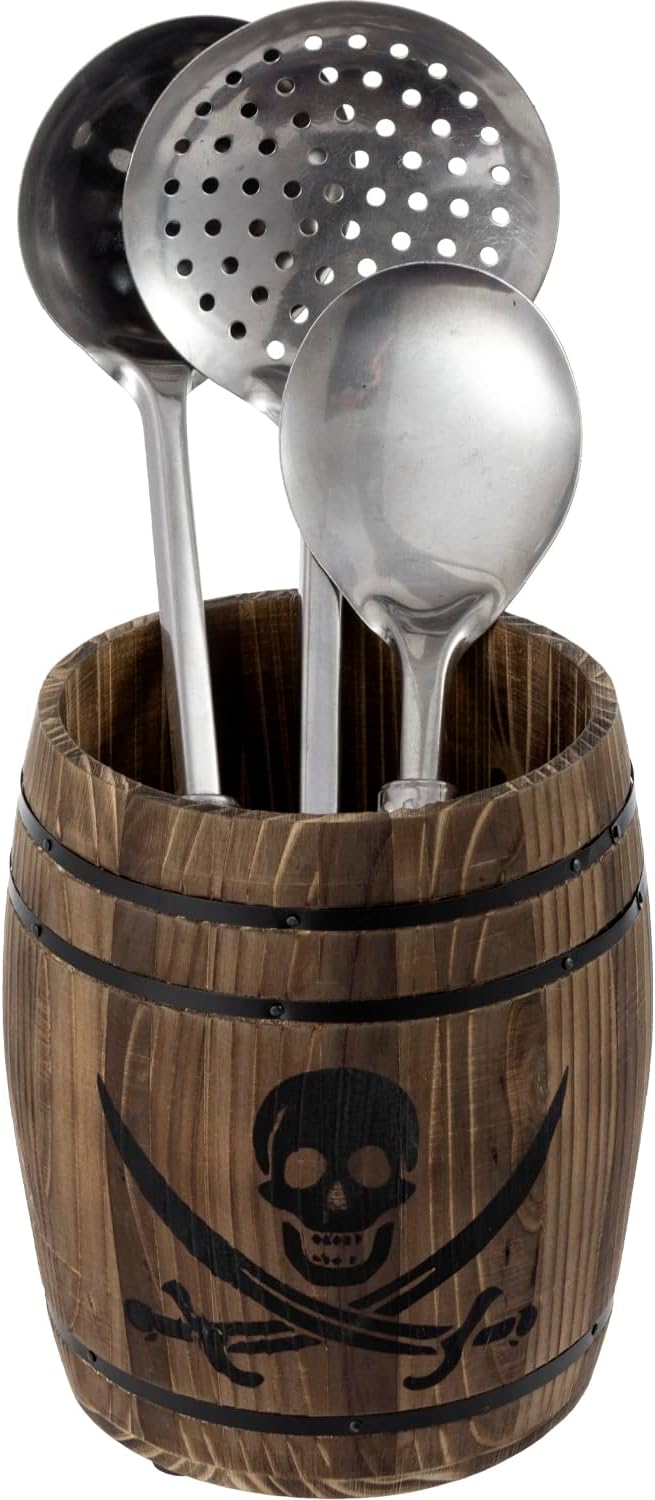 Dark Gray Wine Barrel Design Kitchen Utensil Crock, Wooden Cooking Tool Holder