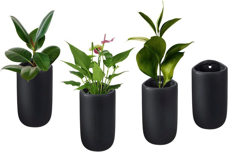 Wall Mounted Black Ceramic Plant Containers, Vertical Hanging Flower Vases, Set of 4-MyGift