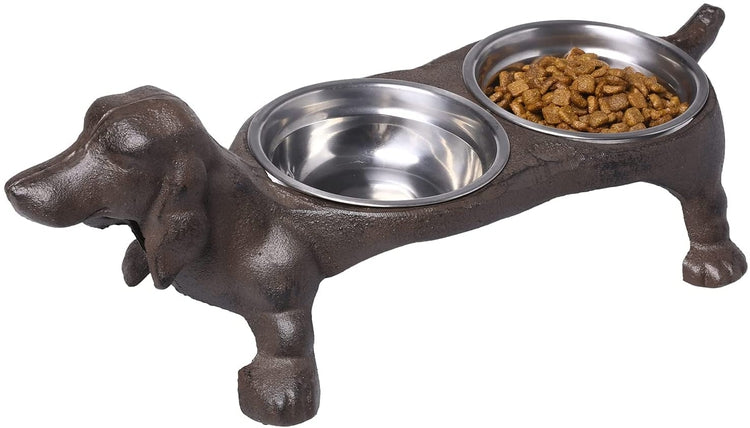 Rustic Cast Iron Dachshund Hot Dog Design Small Pet Feeder with 2