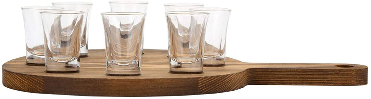 8 Shot Glass Set with Dark Brown Burnt Wood Paddle Holder Server