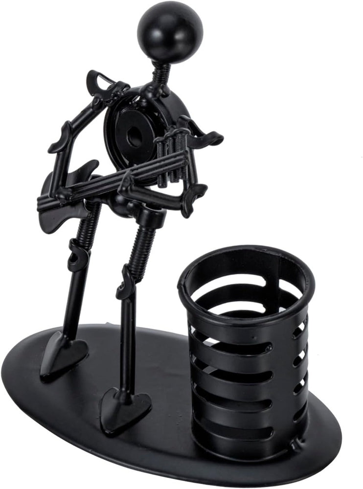 Black Metal Pen Pencil Cup with Nuts and Bolts Stick Figure Guitar Rocker Design, Decorative Desk Pencil Holder-MyGift