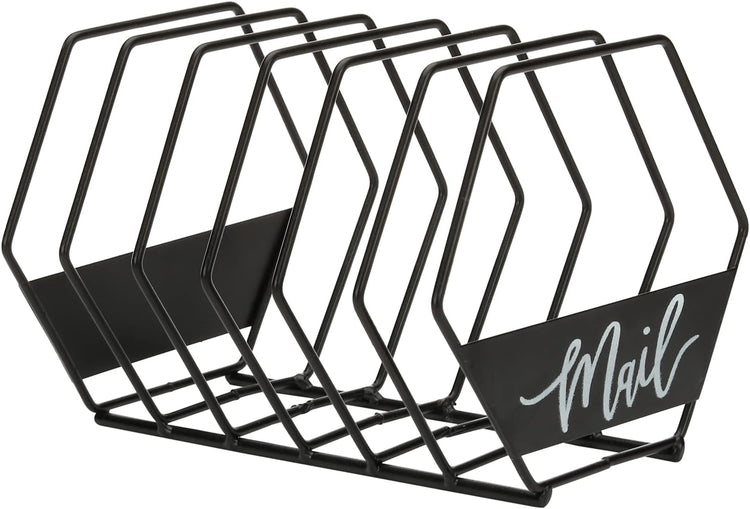 Black 2-Slot Metal Wire & Burnt Wood Tabletop Mail Sorter Rack