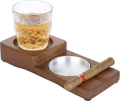 Wood Cigar Holder with Silver Metal Ashtray and Scotch Glass