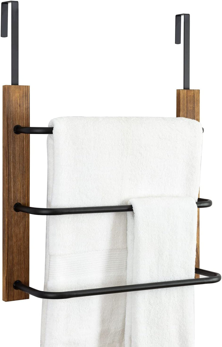 3 Tier Hanging Towel Bar, Bathroom Wood and Matte Black Metal Over The Door Towel Rack-MyGift