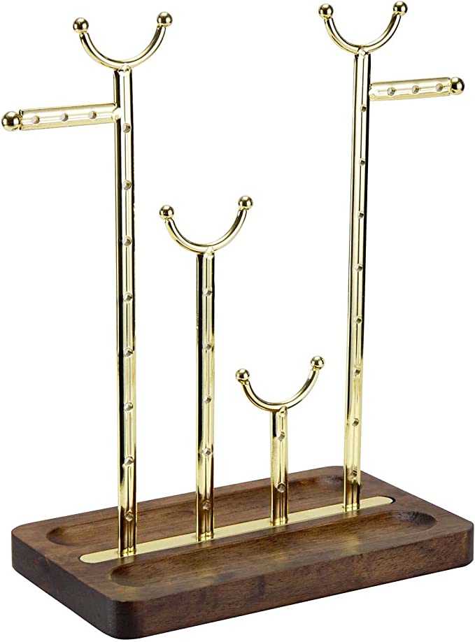 Multi-Level Jewelry Display Rack, Tabletop Brass Tone Metal Necklace Hanger and Earring Storage-MyGift