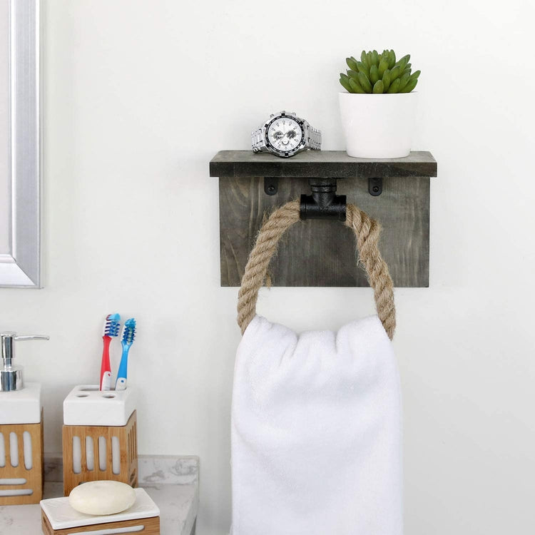 Gray Wood & Industrial Black Pipe Rope Hand Towel Ring w/ Shelf-MyGift