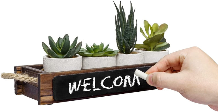 Mini Assorted Faux Succulents, Artificial Plants in Concrete Planters, Dark Brown Wood Window Box with Chalkboard Label-MyGift