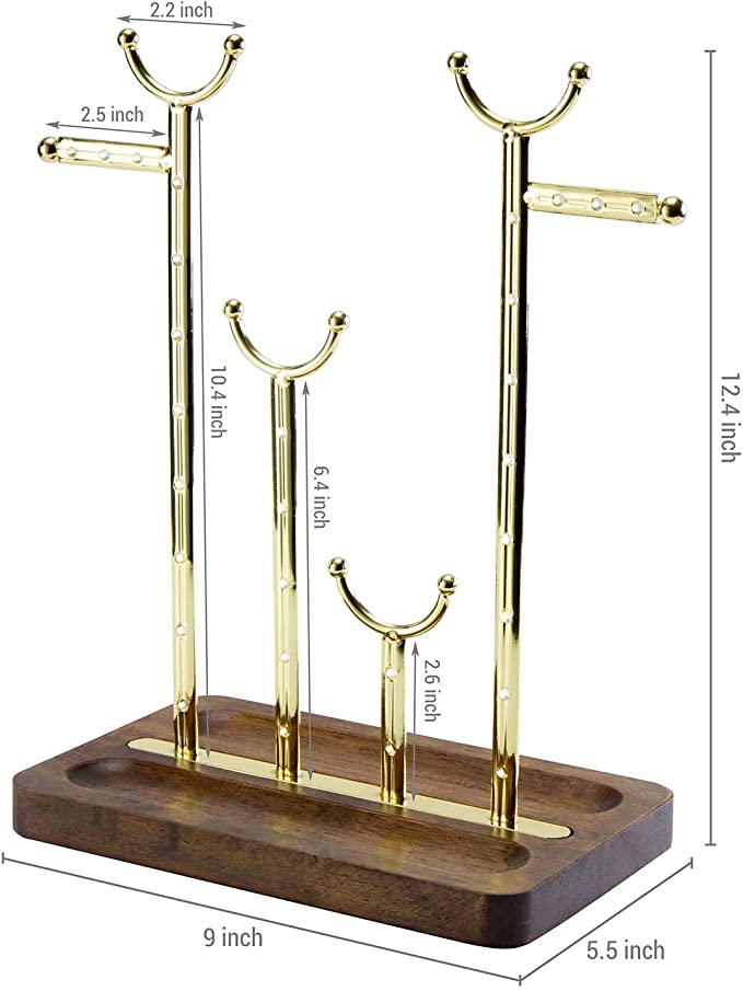 Multi-Level Jewelry Display Rack, Tabletop Brass Tone Metal Necklace Hanger and Earring Storage-MyGift