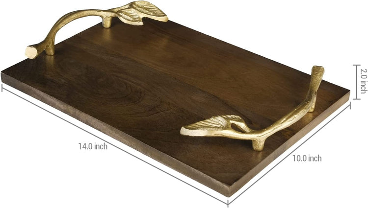 Wooden Serving Tray, Mango Wood Tray with Elegant Gold Leaf Metal Handle Decorative Coffee Table Display Platter-MyGift