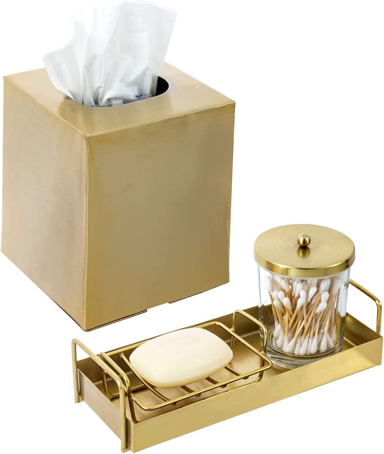 4 Pc Bathroom Accessories Set, Brass Tone Vanity Combo with Tissue Box –  MyGift