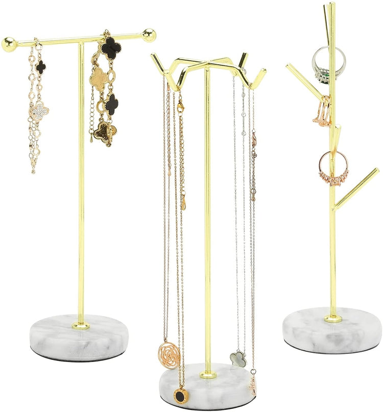 3 Piece Set, Brass Tone Metal Jewelry Organizer Racks with White Marble Bases-MyGift