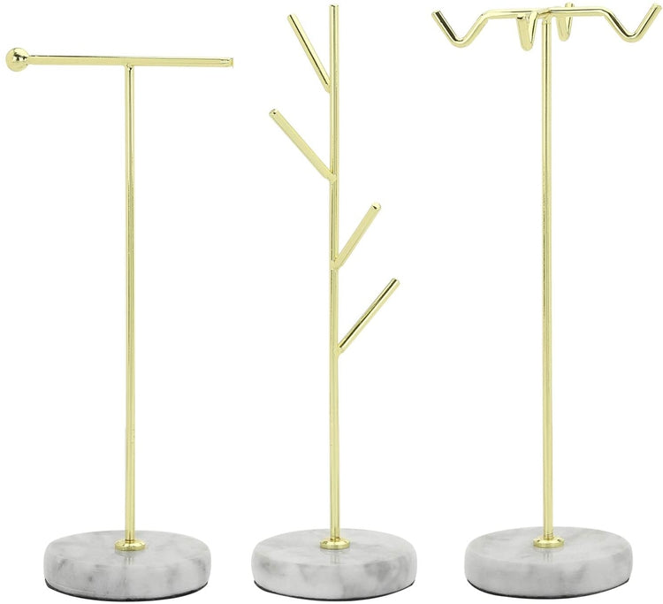 3 Piece Set, Brass Tone Metal Jewelry Organizer Racks with White Marble Bases-MyGift