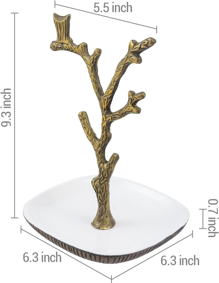 Tree Jewelry Stand, Brass Tone Cast Aluminum Tree Branch and Owl Design Necklace Bracelet Earring Rack with Ring Dish-MyGift