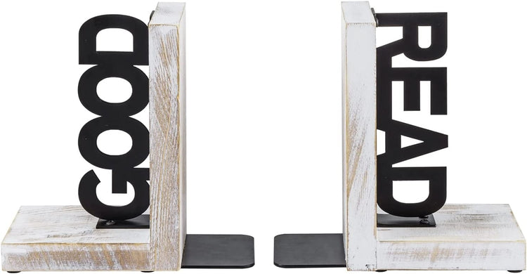 L-Shaped Decorative Bookends, Whitewashed Wood and Matte Black Metal Book Holders with GOOD and READ Block Letter Design-MyGift