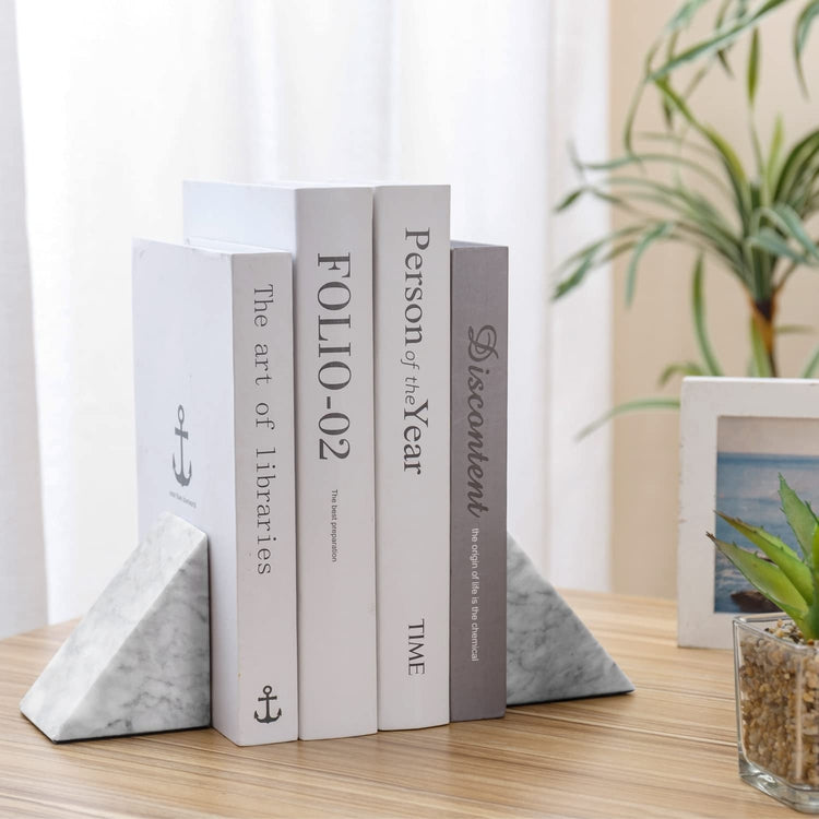 Set of 2, White Marble Bookends, Decorative Heavy Stone Triangle Design Geometric Non-Slip Book Stopper Bookends-MyGift