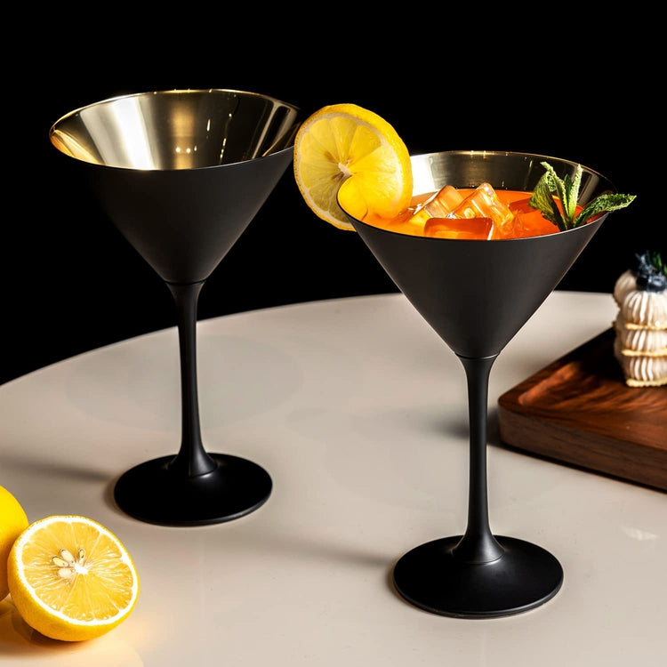 Set of 2, Matte Black and Metallic Gold Tone Plated Martini Glasses, Drinking Glass for Cocktail Party or Special Event-MyGift