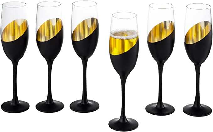 Set of 6 Stemmed Champagne Flute Glasses with Matte Black and Gold Plated Design, 8 oz-MyGift