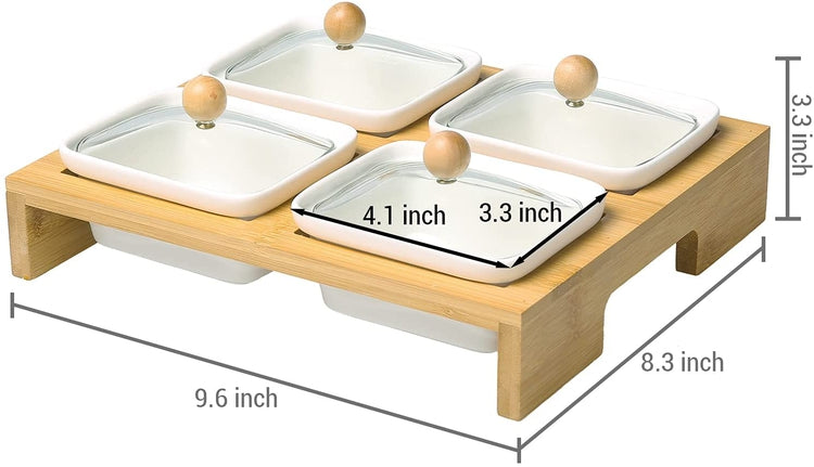 White Ceramic Condiment Snack Bowl Set with Glass Lids and Bamboo Serving  Tray