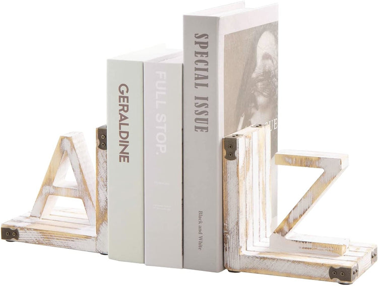 Whitewashed Wood Decorative Bookends with A and Z Block Letter