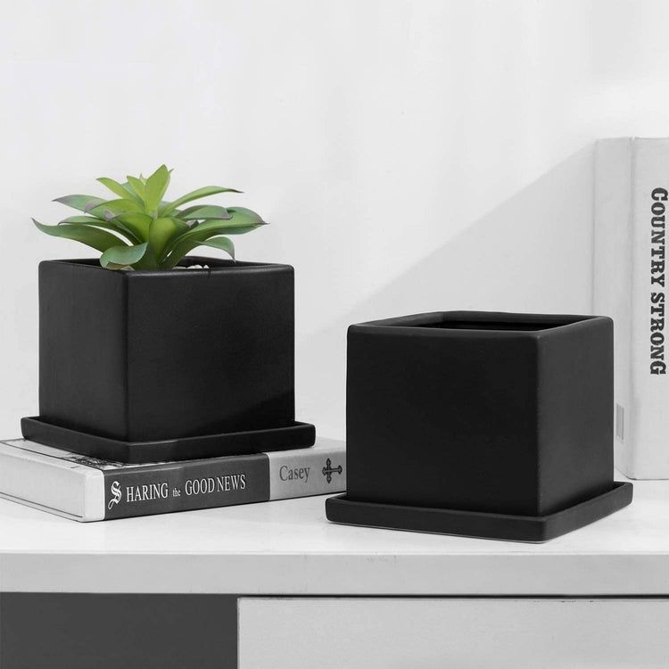 Set of 2, Matte Black Ceramic Square Planters with Removable Saucers-MyGift