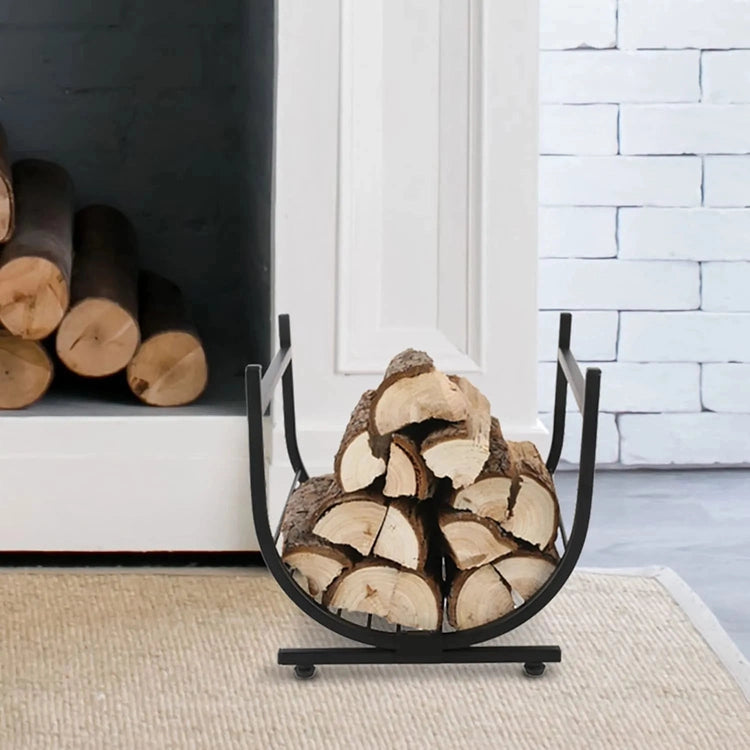 Industrial Firewood Rack, Matte Black Metal Freestanding U-Shape Log Holder, Compact Fireplace Storage Firewood Caddy-MyGift