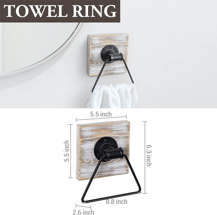 White Washed Wood and Black Metal Pipe Toilet Paper Holder, Hand Towel  Ring, 4-Piece