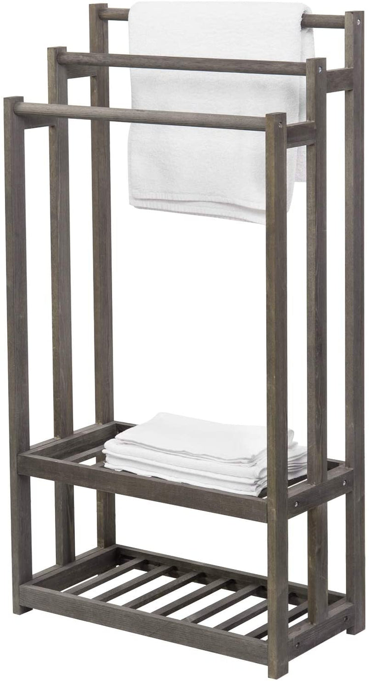 3-Tier Gray Wood Towel Rack with 2 Bottom Storage Shelves