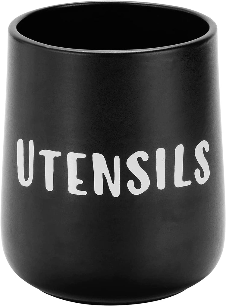 Matte Black Ceramic Kitchen Cooking Utensil Holder, Kitchen Crock with White UTENSILS Stenciled Print-MyGift